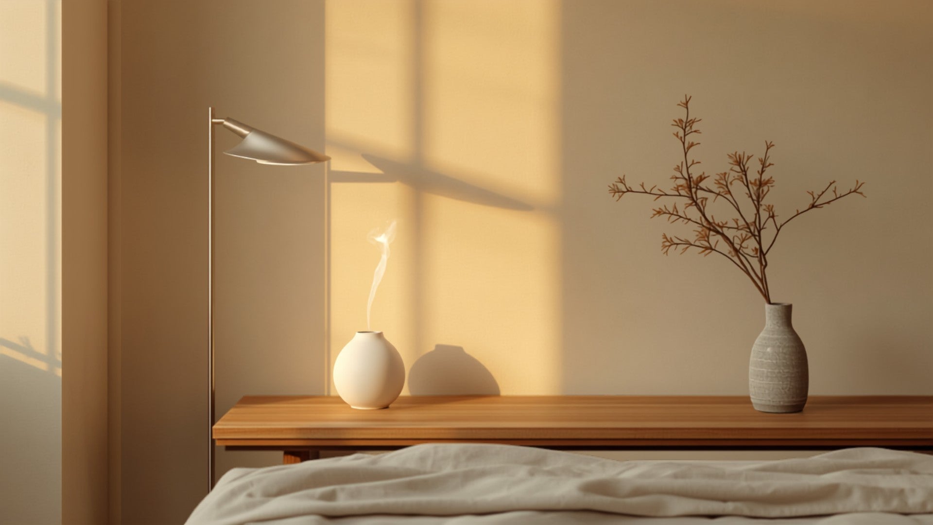 Calm bedroom corner at dusk with a warm lamp glow and a ceramic diffuser