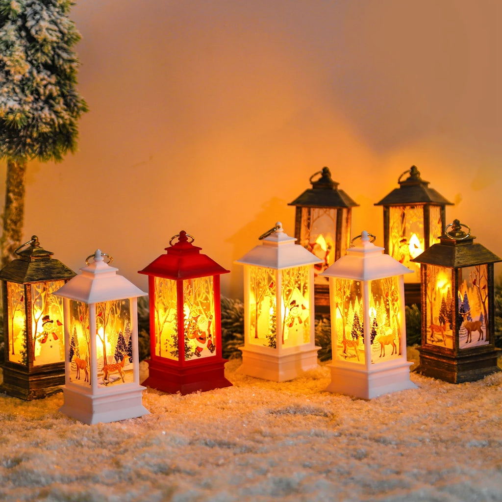 Christmas scene lanterns in red, white and bronze with a warm glow