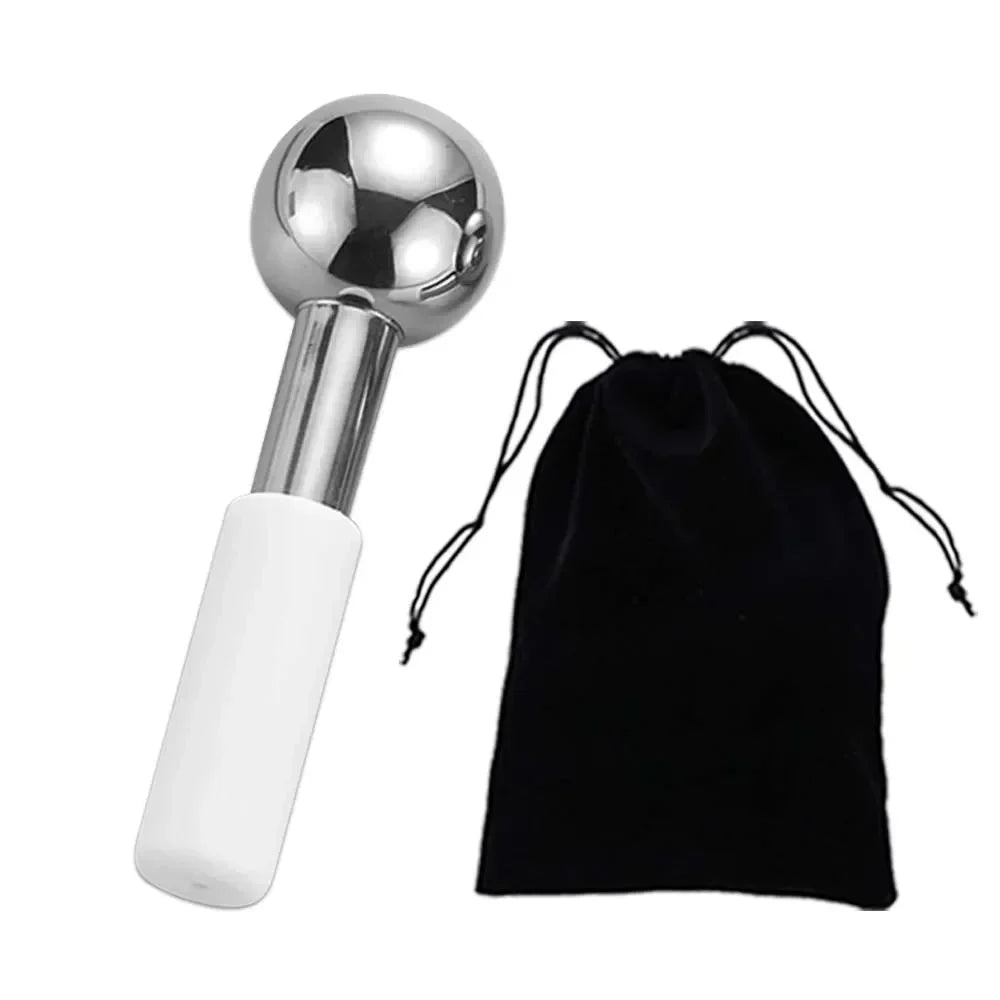 Steel cooling globe next to its pouch