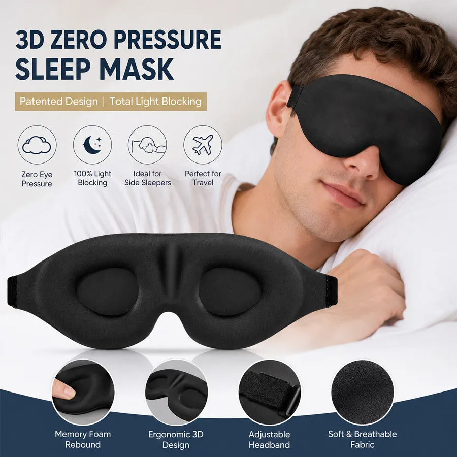 Person asleep wearing a contoured 3D sleep mask