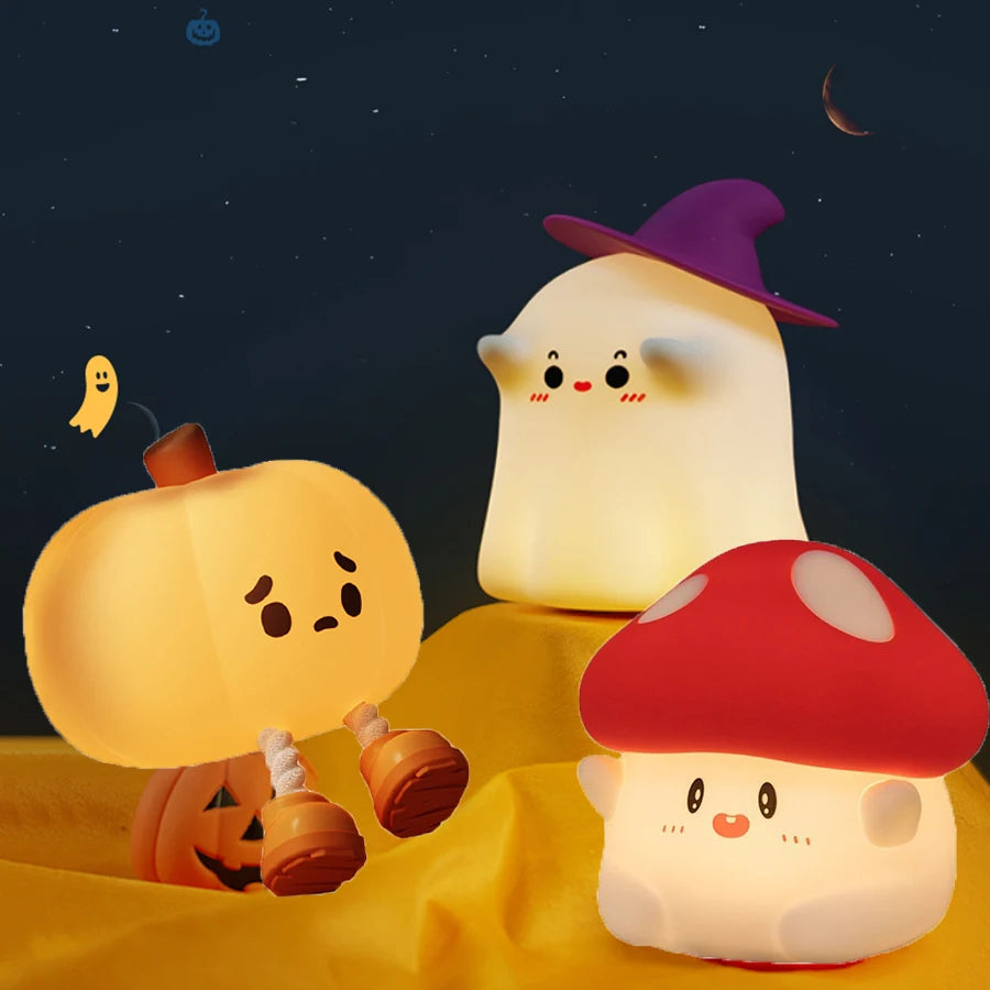 Ghost, pumpkin and mushroom silicone night lights glowing together