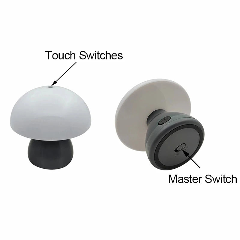 Hand touching the base of the mushroom lamp to dim it