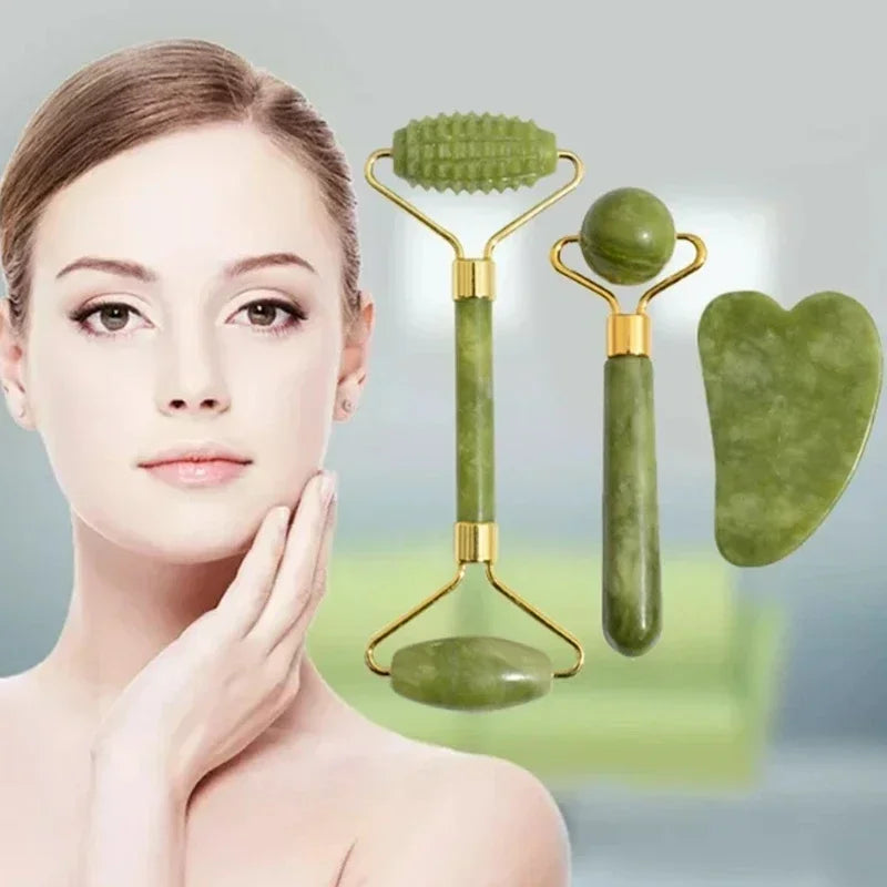 Model with the jade roller and gua sha set
