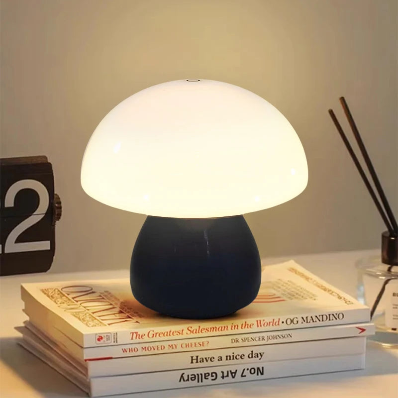 Rechargeable mushroom table lamp glowing warm on a nightstand