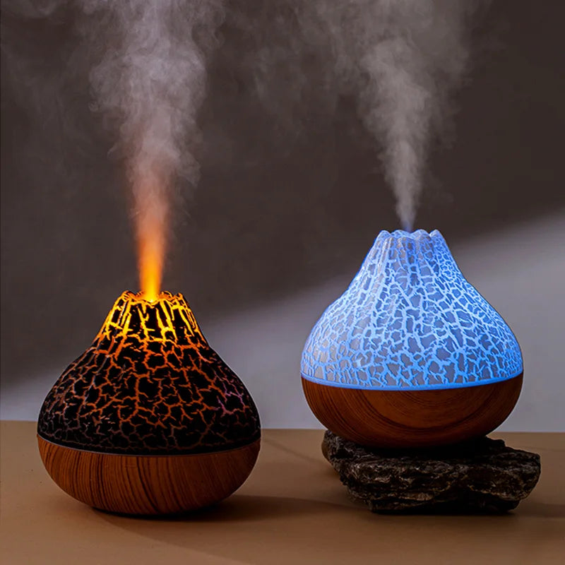 Volcano flame aroma diffuser in orange flame and blue glow