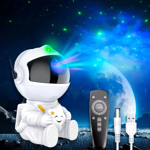 Astronaut Galaxy Projector with remote and USB cable, nebula projected on wall