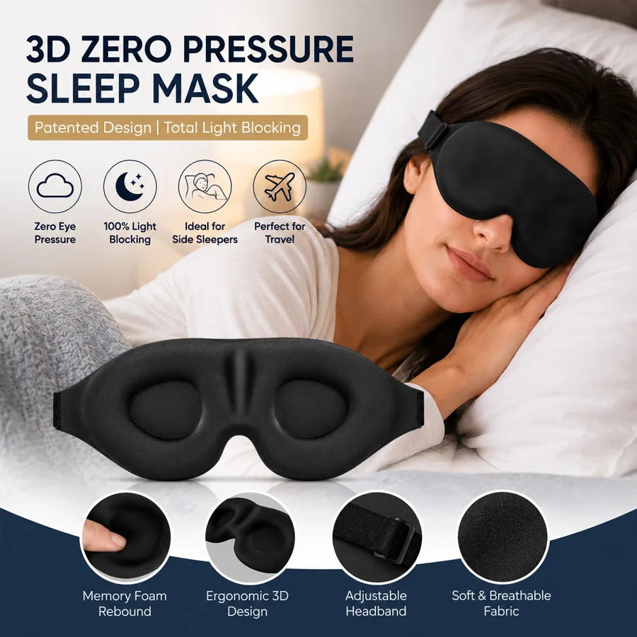 Contoured 3D sleep mask on a bedside, person sleeping